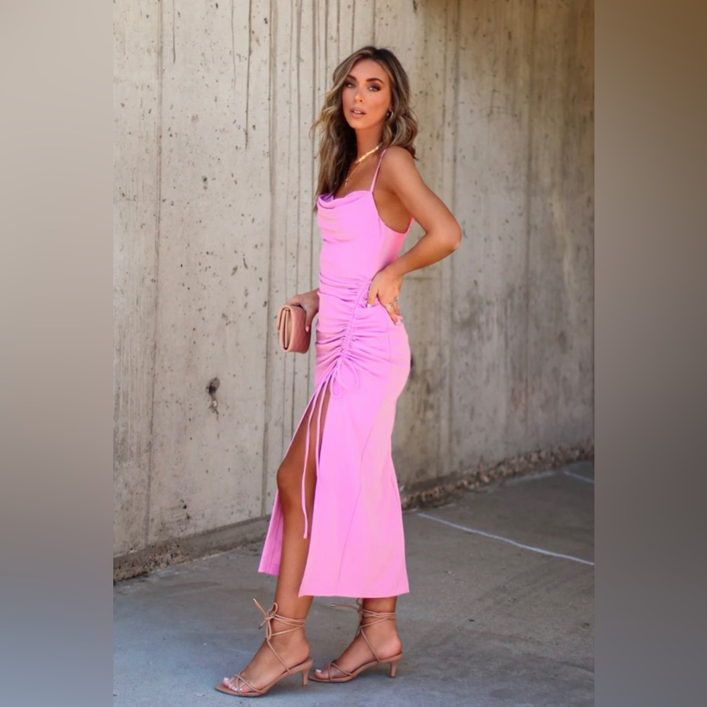 NWOT Pink Cowl Neck Ruched Dress Sz S Spring Summer Easter Wedding Vacation - Picture 4 of 8
